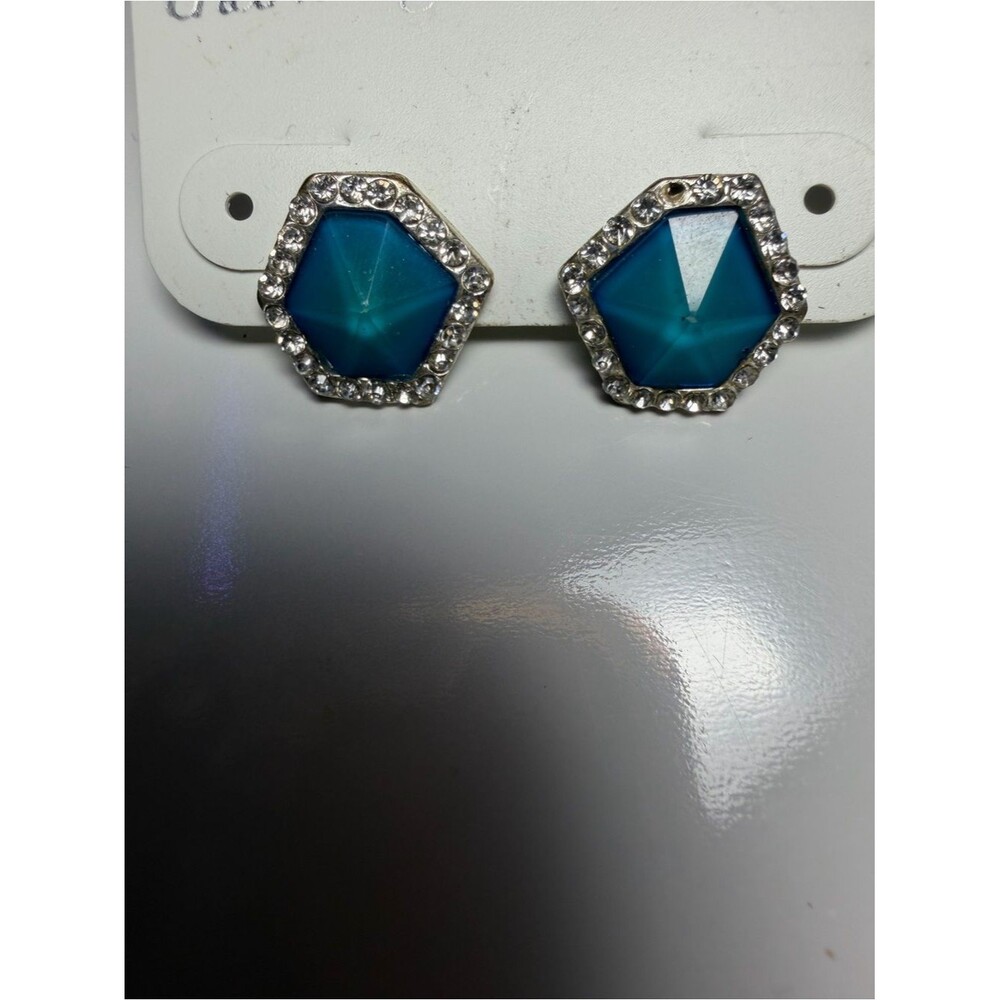 Charming Charlie Teal Hexagon Halo Stud Earrings - Picture 2 of 3